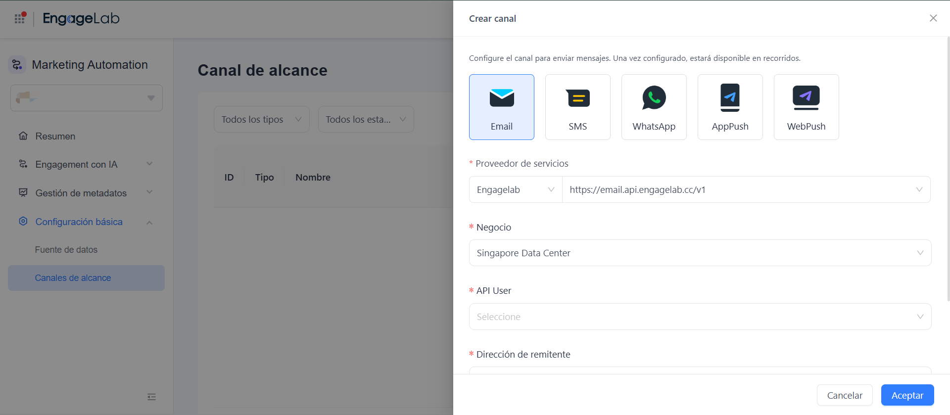 Añadir el canal de Email