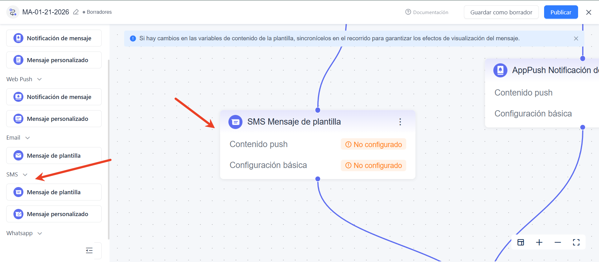 usar el canal de SMS en un recorrido