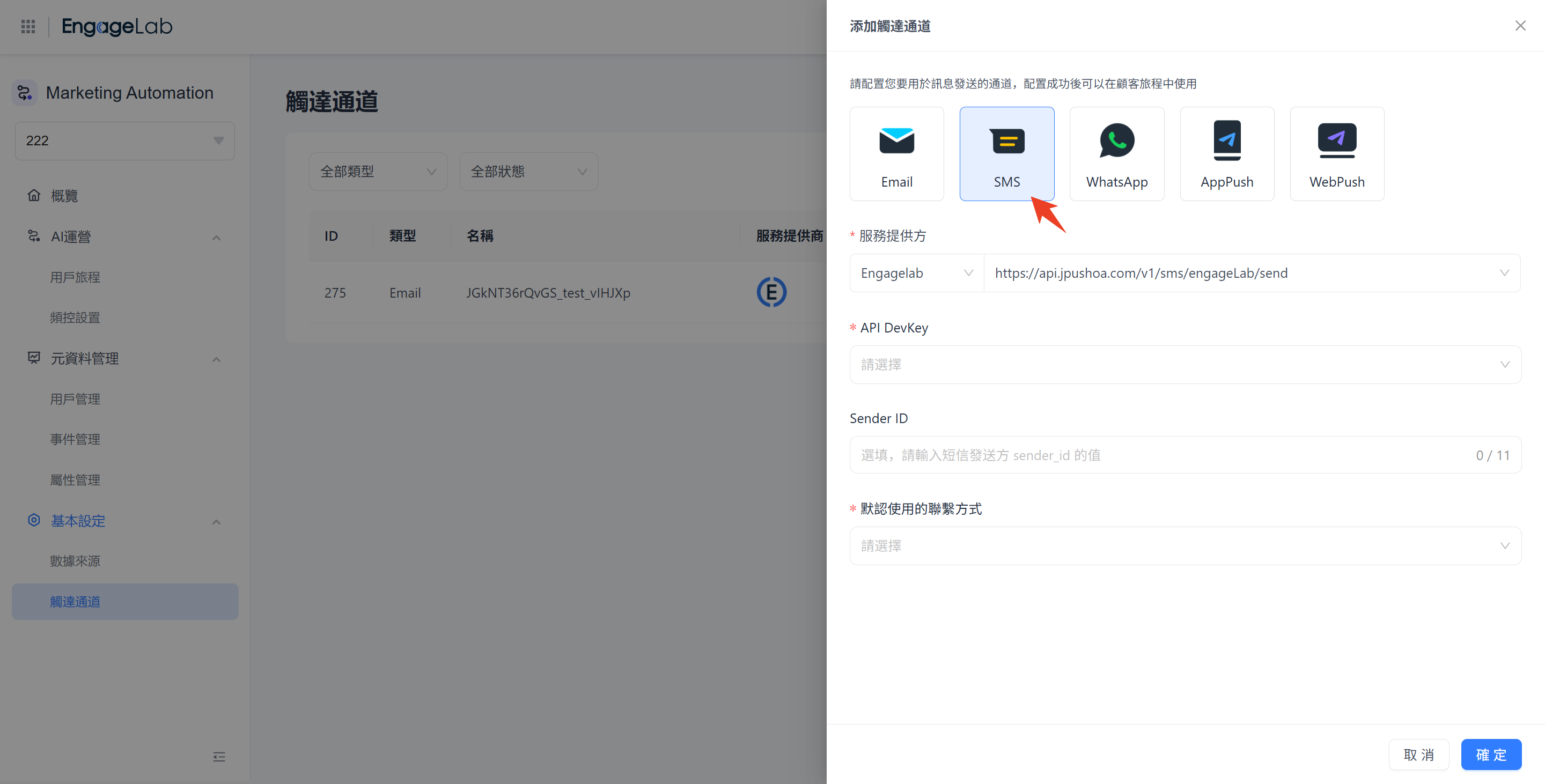 填寫 SMS 通道設定資訊